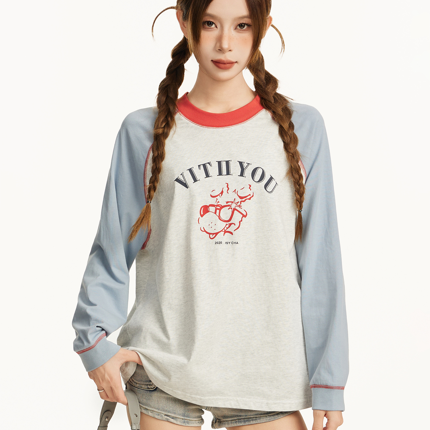 撞色插肩長袖t恤女早秋秋季寬鬆慵懶風正肩內搭打底衫小個子上衣