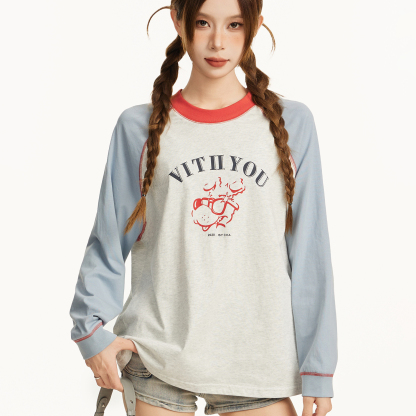 撞色插肩長袖t恤女早秋秋季寬鬆慵懶風正肩內搭打底衫小個子上衣