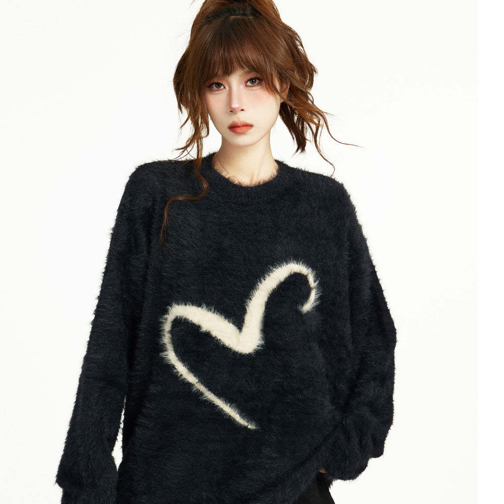 黑色套頭毛衣女秋冬冬季寬鬆慵懶風針織軟糯馬海毛加厚長款設計感