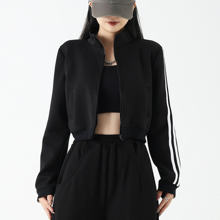 三條杠立領長袖短款外套女春秋美式街頭休閒運動上衣薄款衛衣開衫