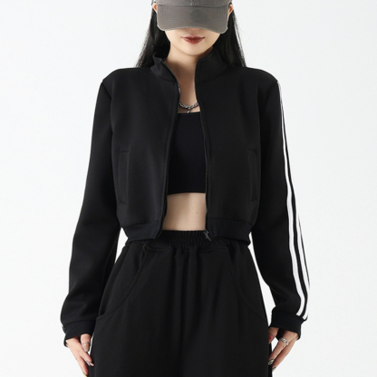 三條杠立領長袖短款外套女春秋美式街頭休閒運動上衣薄款衛衣開衫