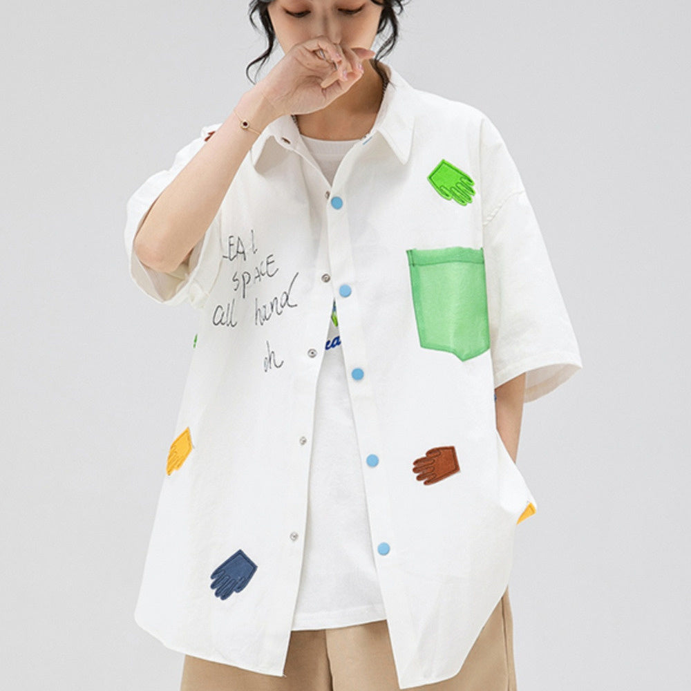 Hold Colour美式潮牌字母刺绣手掌贴布短袖衬衫男女ins潮流bf衬衣