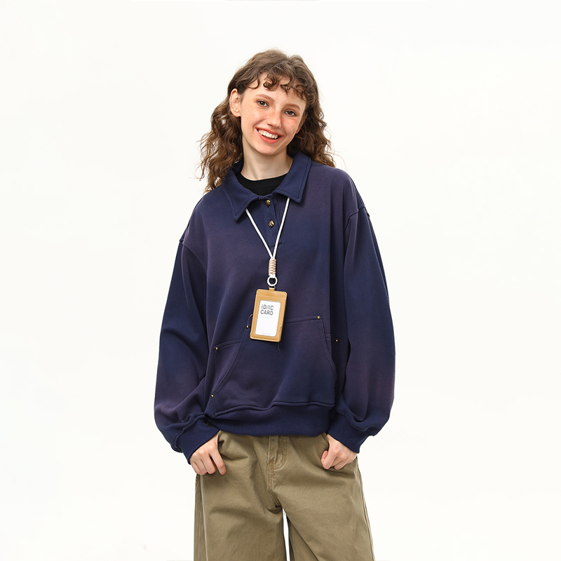 美式復古噴馬騮水洗設計感翻領套頭衛衣女秋季