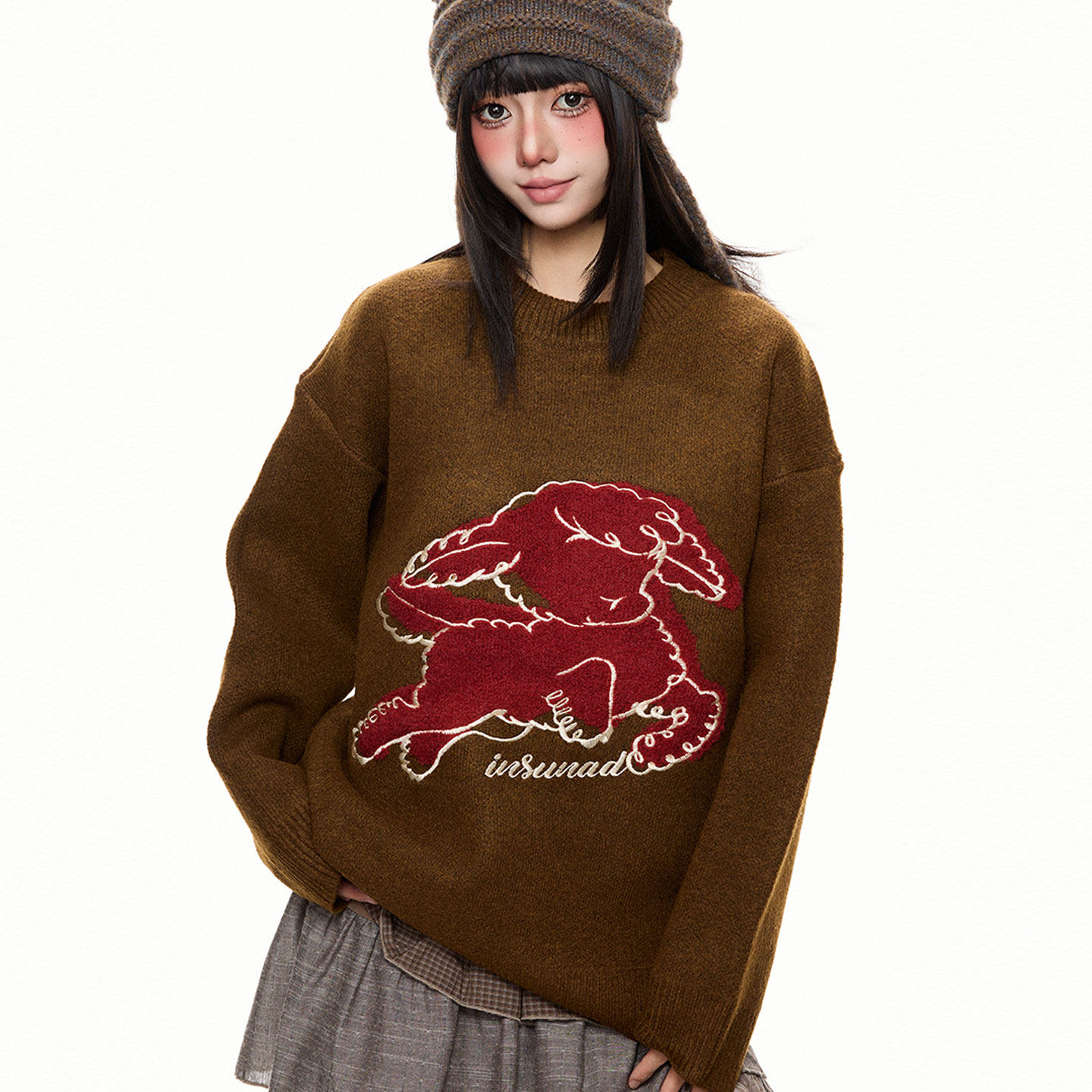 卡通可愛小羊刺繡紅色針織衫女寬鬆百搭套頭毛衣外套