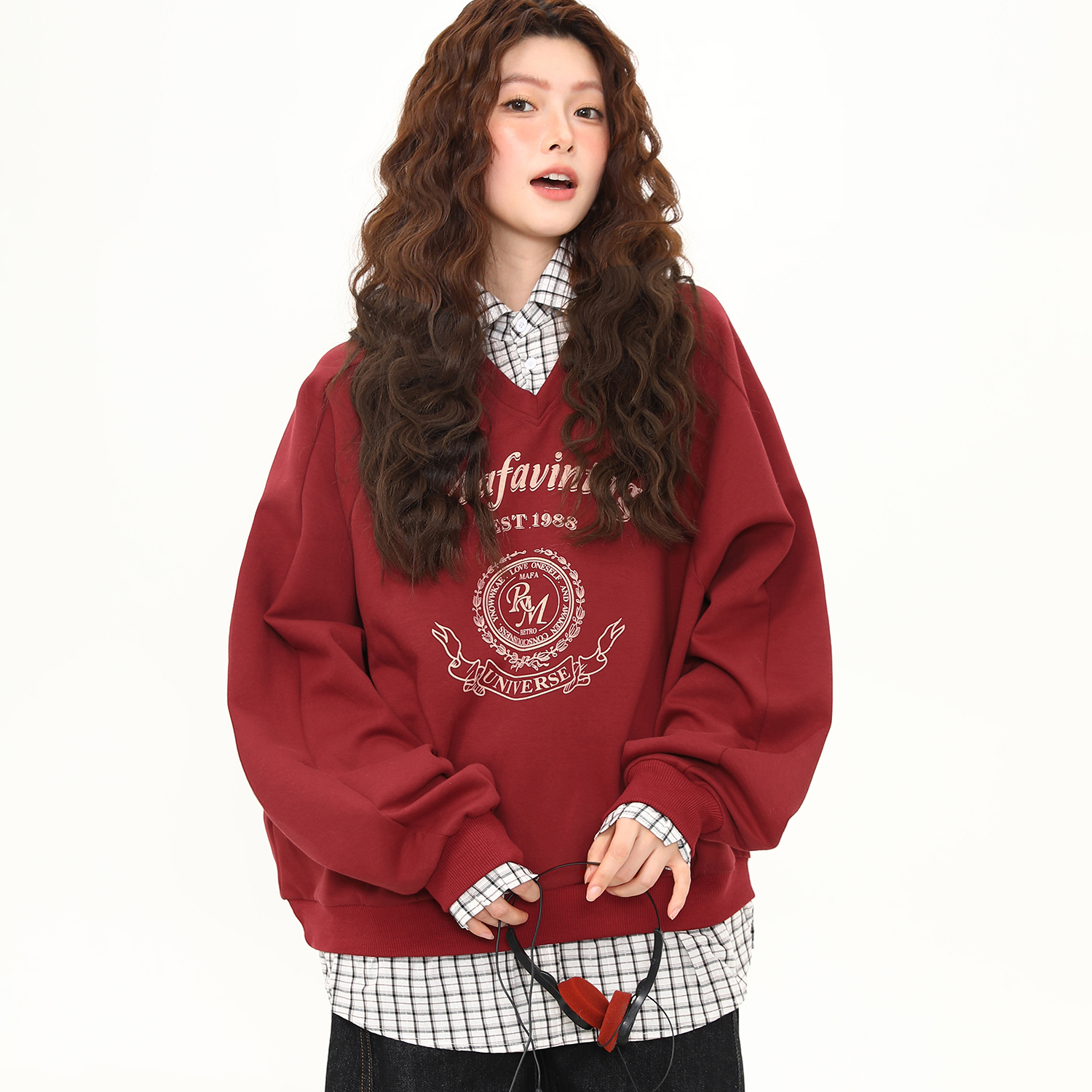 美式復古學院風格子假兩件衛衣女秋冬寬鬆百搭紅色上衣