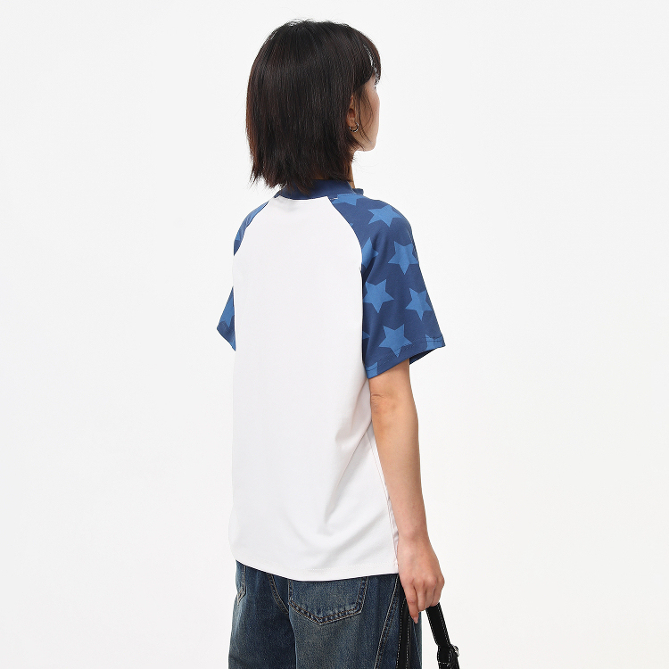 美式復古卡通少女星星插肩正肩短袖T恤女夏季百搭修身短t