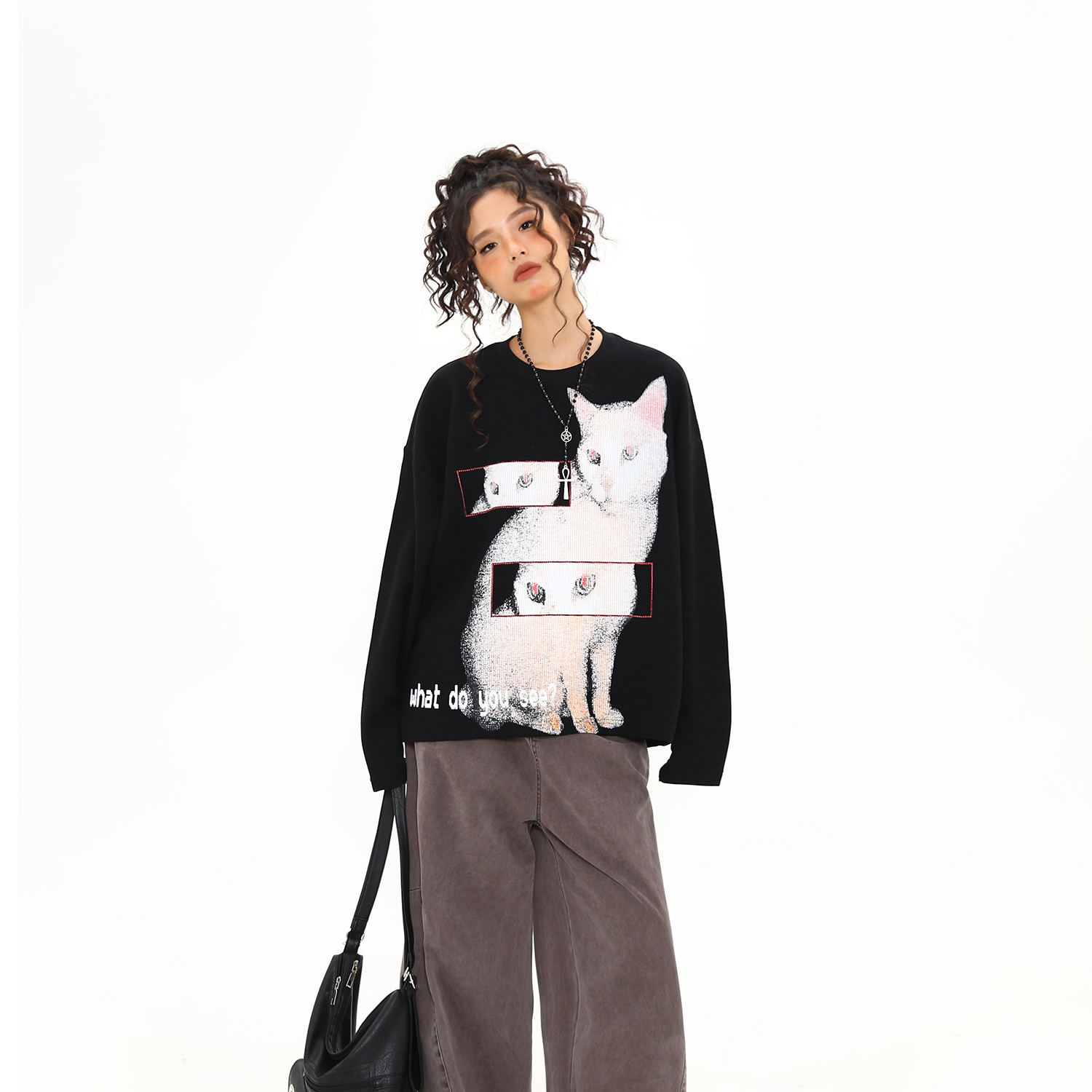 美式復古猫咪印花設計感圓領長袖T恤女秋冬新款百搭上衣