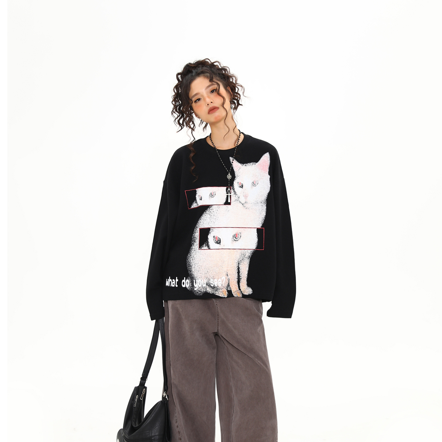 美式復古猫咪印花設計感圓領長袖T恤女秋冬新款百搭上衣