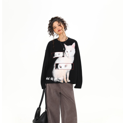 美式復古猫咪印花設計感圓領長袖T恤女秋冬新款百搭上衣