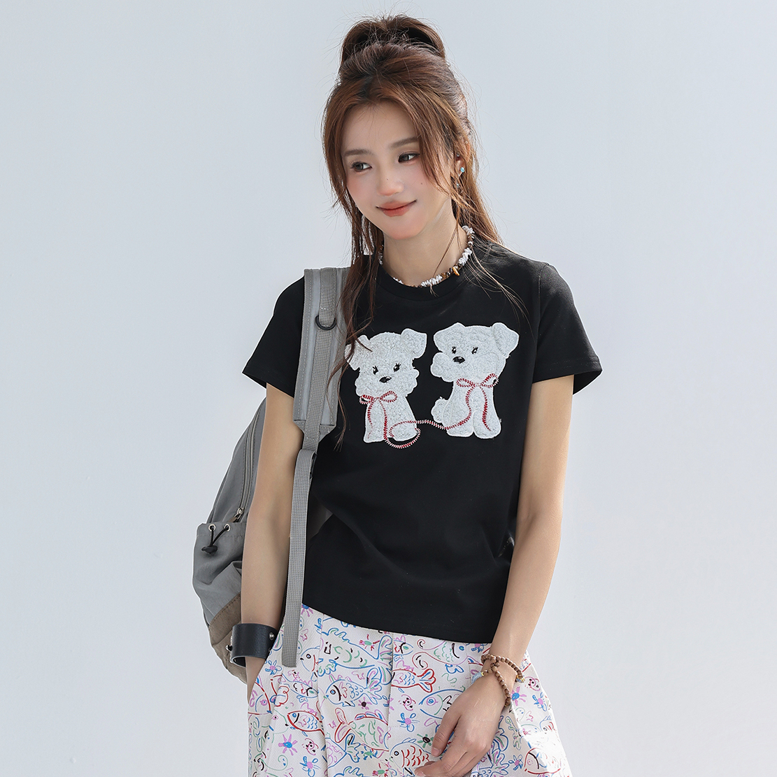 可愛毛茸茸小狗貼布繡短袖t恤女夏正肩顯瘦修身上衣