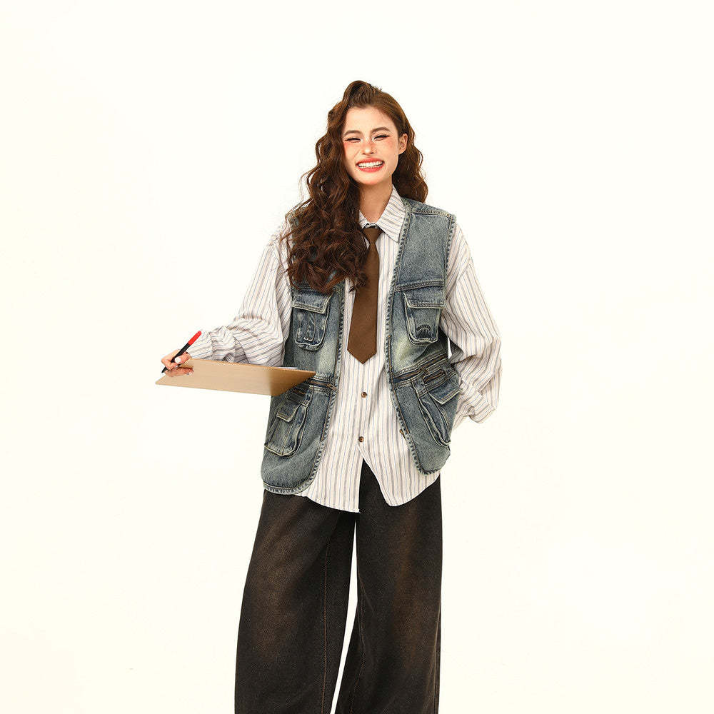 美式復古工裝牛仔馬甲外套女設計感潮牌外穿坎肩馬夾