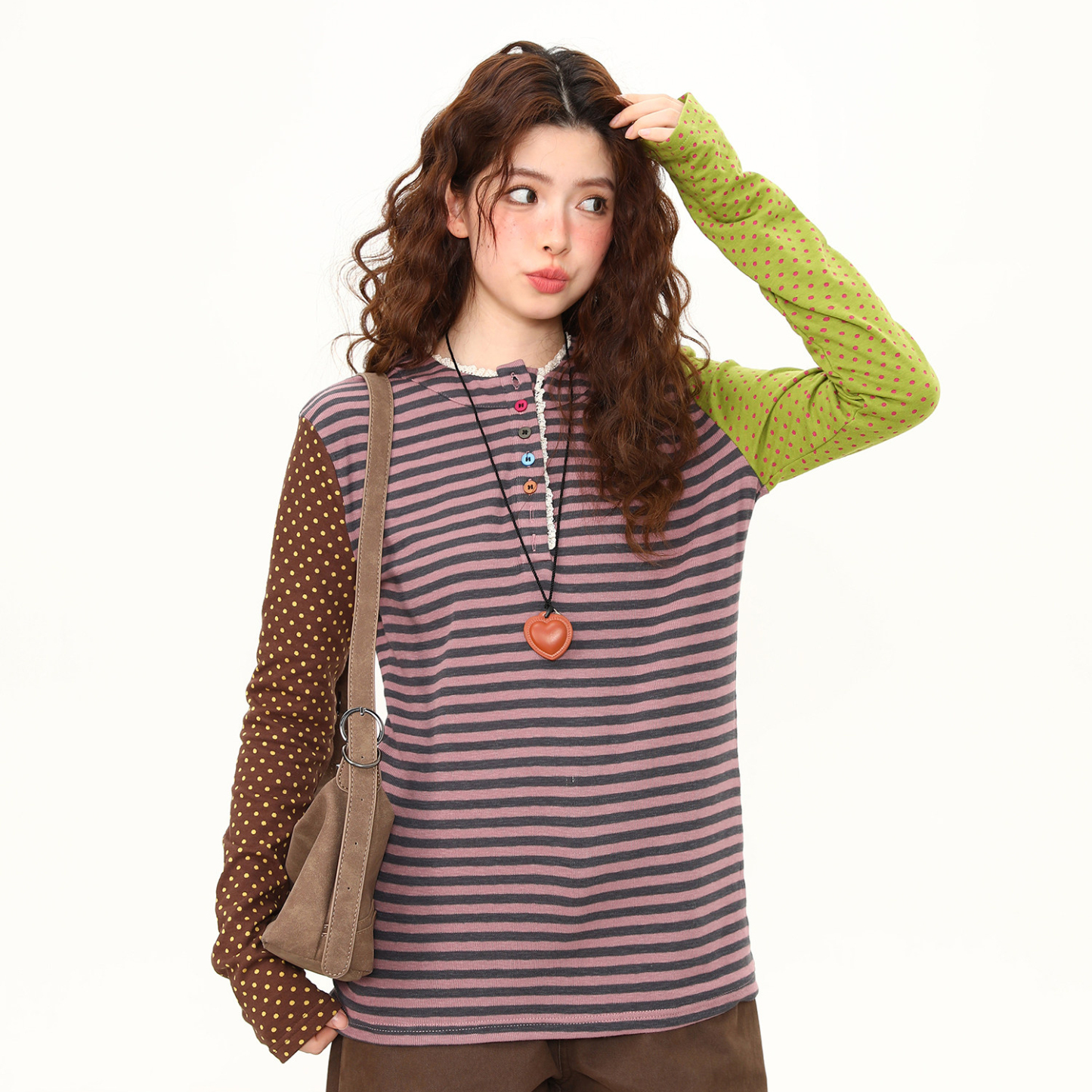 春季新款拼接設計感波點蕾絲花邊長袖T恤女短寬鬆百搭tee