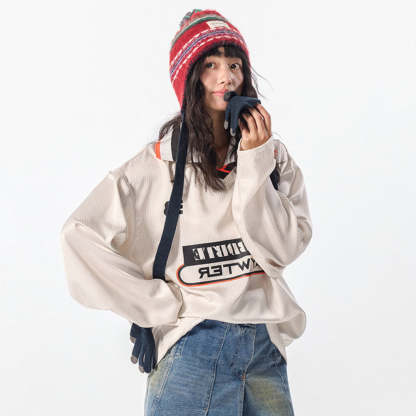 學院風印花衛衣女春秋2025新款復古寬鬆oversize設計感無帽上衣