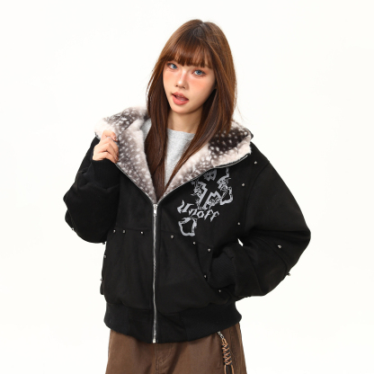 貓耳朵毛絨連帽外套女冬季新款鉚釘設計感加厚棉服棉衣