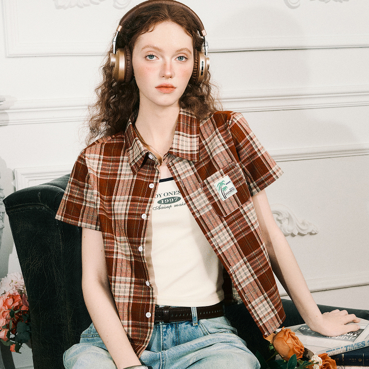 美式短款純棉短袖襯衫女夏新款顯瘦格子半袖襯衫外套