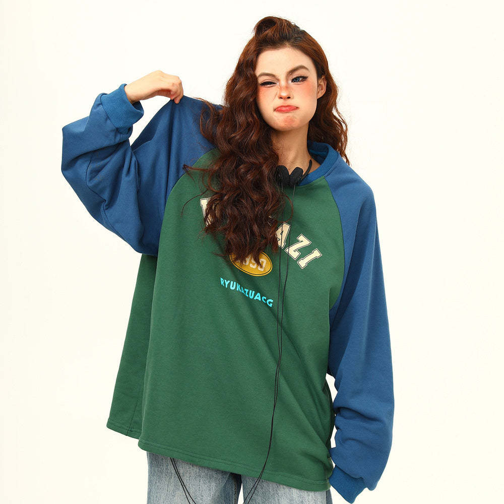 美式復古vintage字母圓領衛衣女秋寬鬆百搭上衣