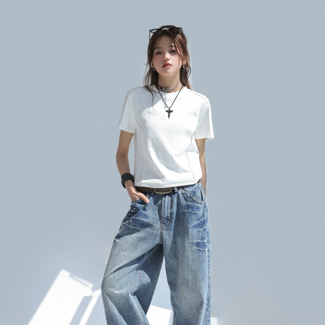 圓領正肩短袖女t恤2025新款魚骨設計感上衣修身顯瘦