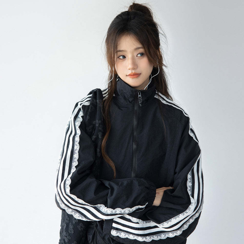 休閒運動套裝女chic條紋拼接蕾絲邊外套小個子韓系寬鬆慵懶半身裙