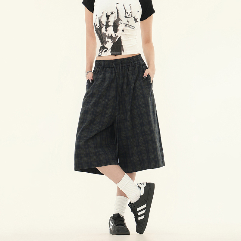 美式復古慵懶綠格紋鬆緊七分褲夏季寬鬆百搭格子褲女短褲