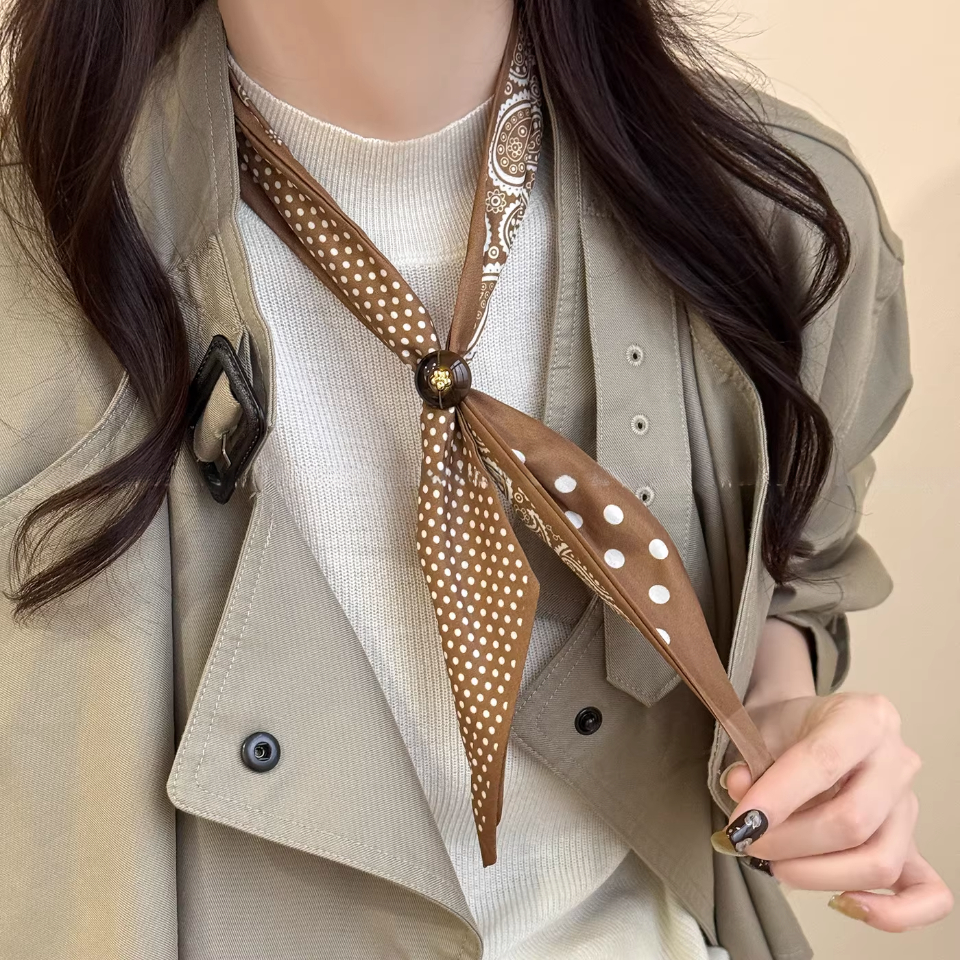 法式復古抽拉系脖絲巾項鍊女春季新款波點領巾長條毛衣鏈圍巾配飾