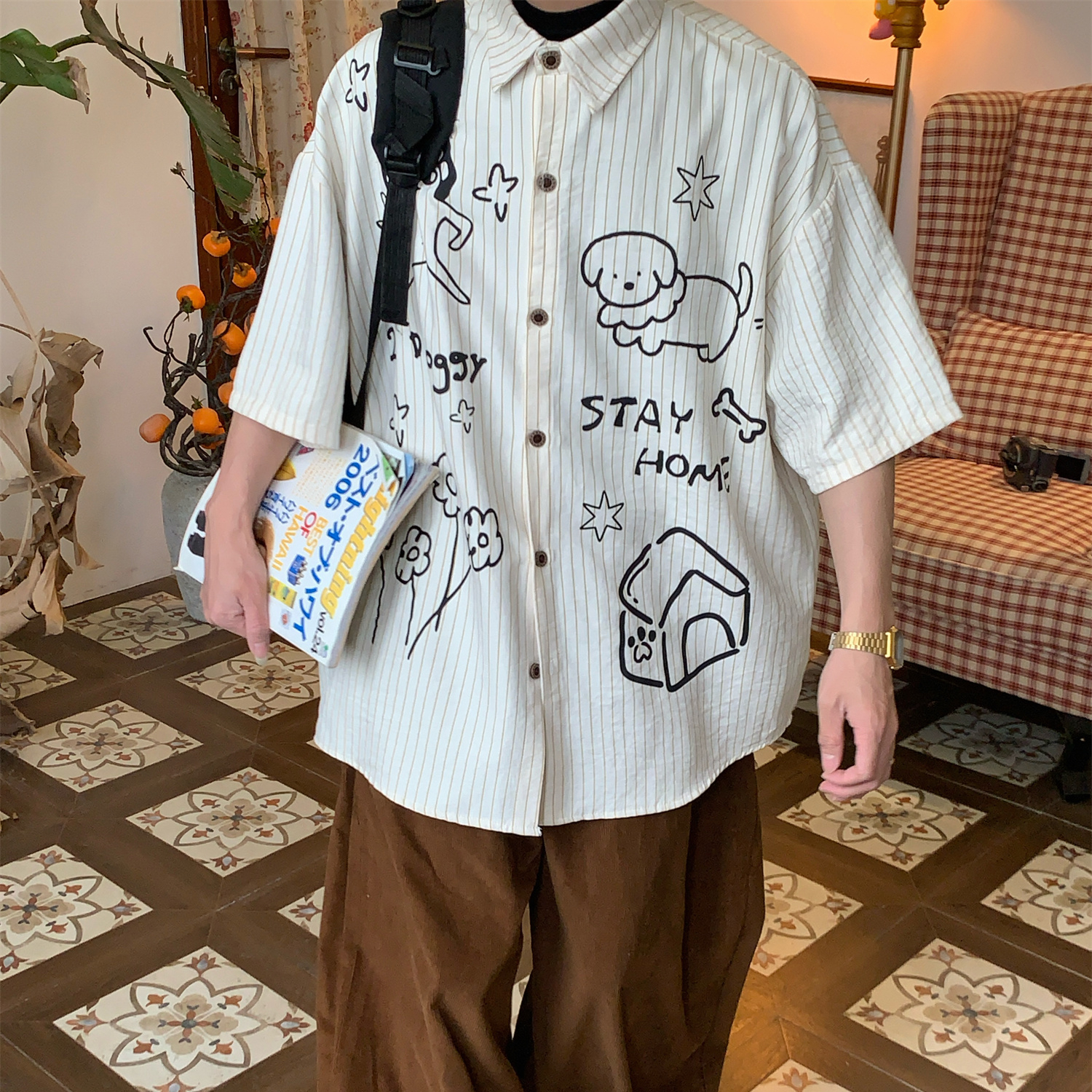 美式復古條紋短袖襯衫夏季寬鬆小狗百搭寬鬆上衣