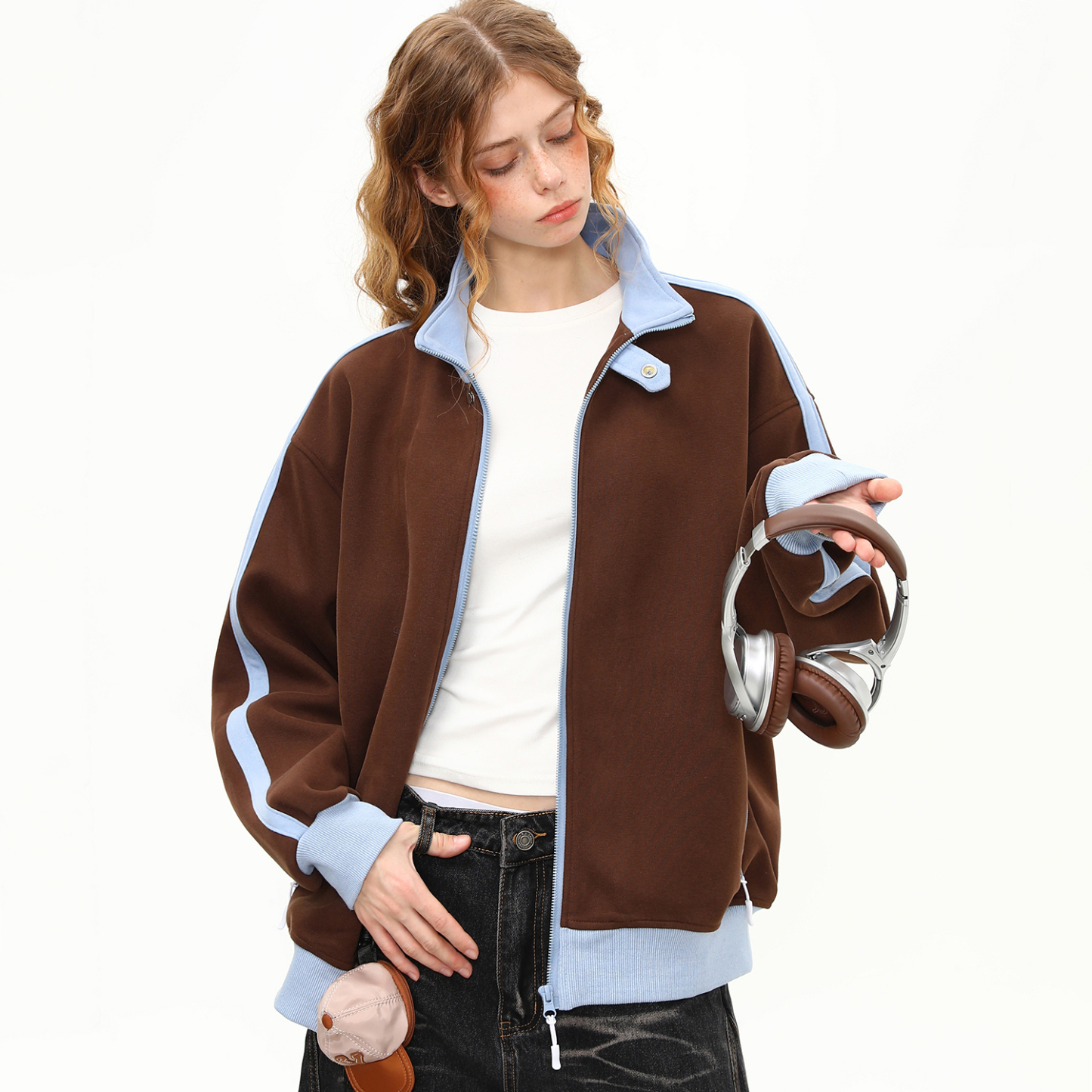 美式復古撞色立領外套女秋季新款拼接設計感衛衣夾克