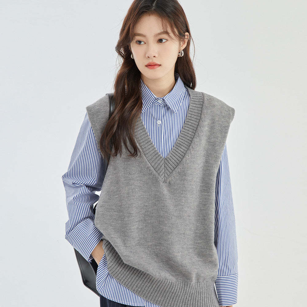 V領針織馬甲背心女早秋疊穿無袖毛衣毛線坎肩馬夾