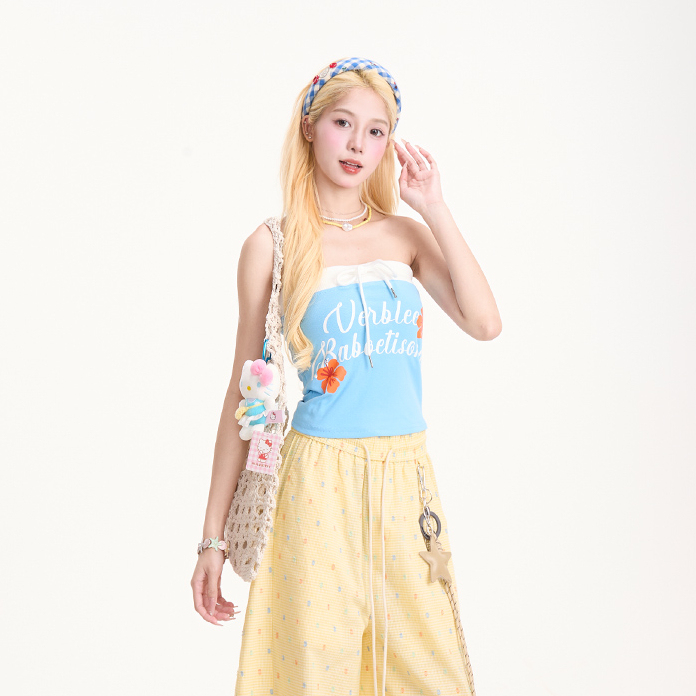 多巴胺字母印花抹胸背心女復古辣妹短款修身無袖t恤上衣