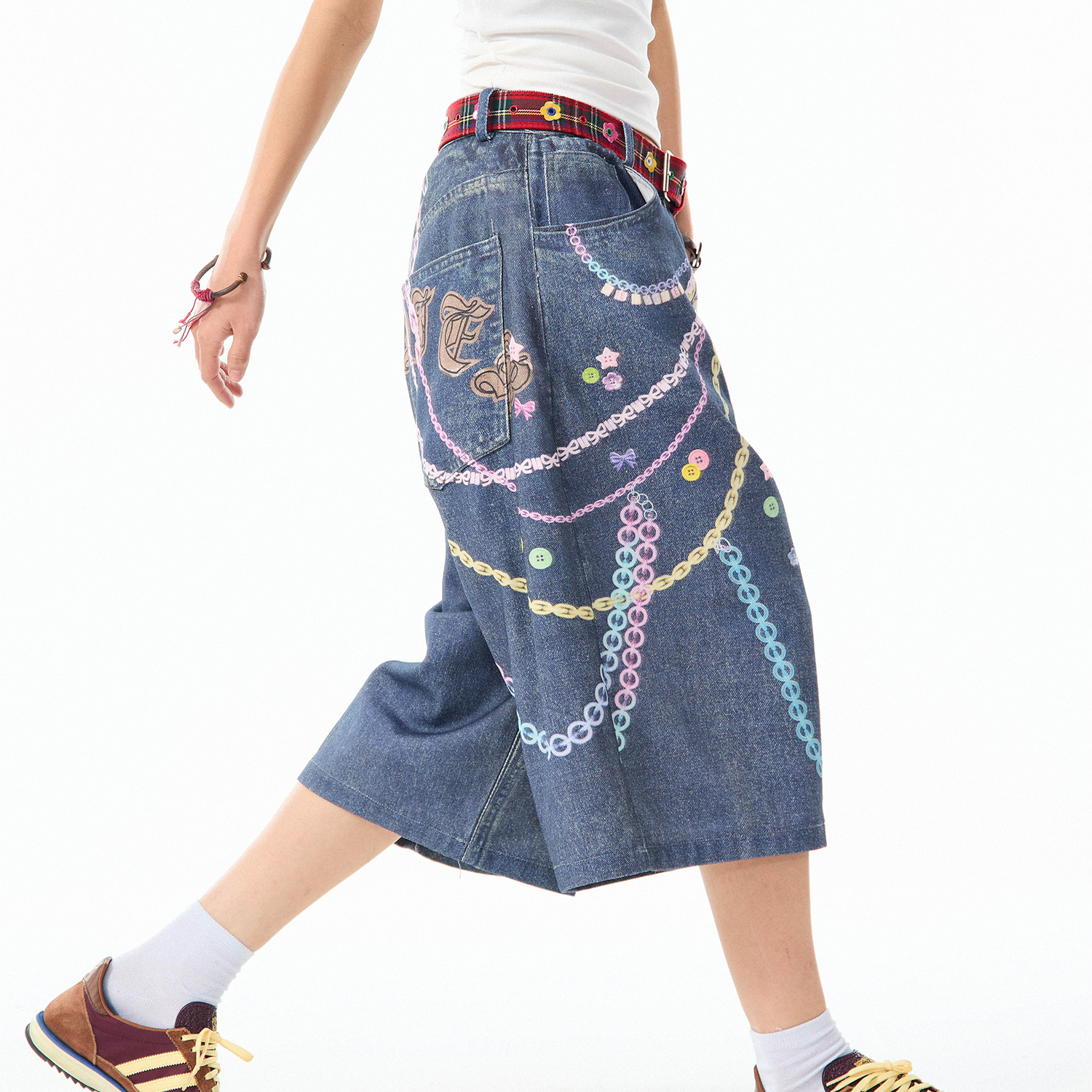 復古趣味印花3D彩色鏈條七分牛仔褲女美式休閒百搭短褲