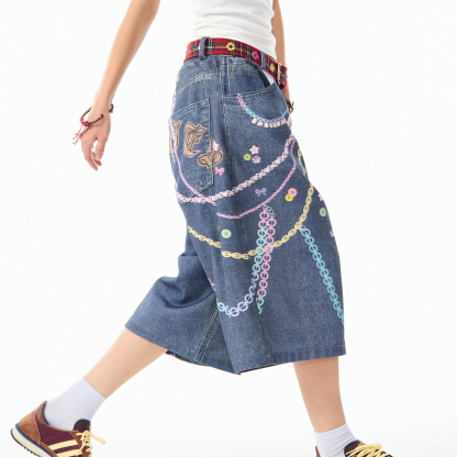 復古趣味印花3D彩色鏈條七分牛仔褲女美式休閒百搭短褲