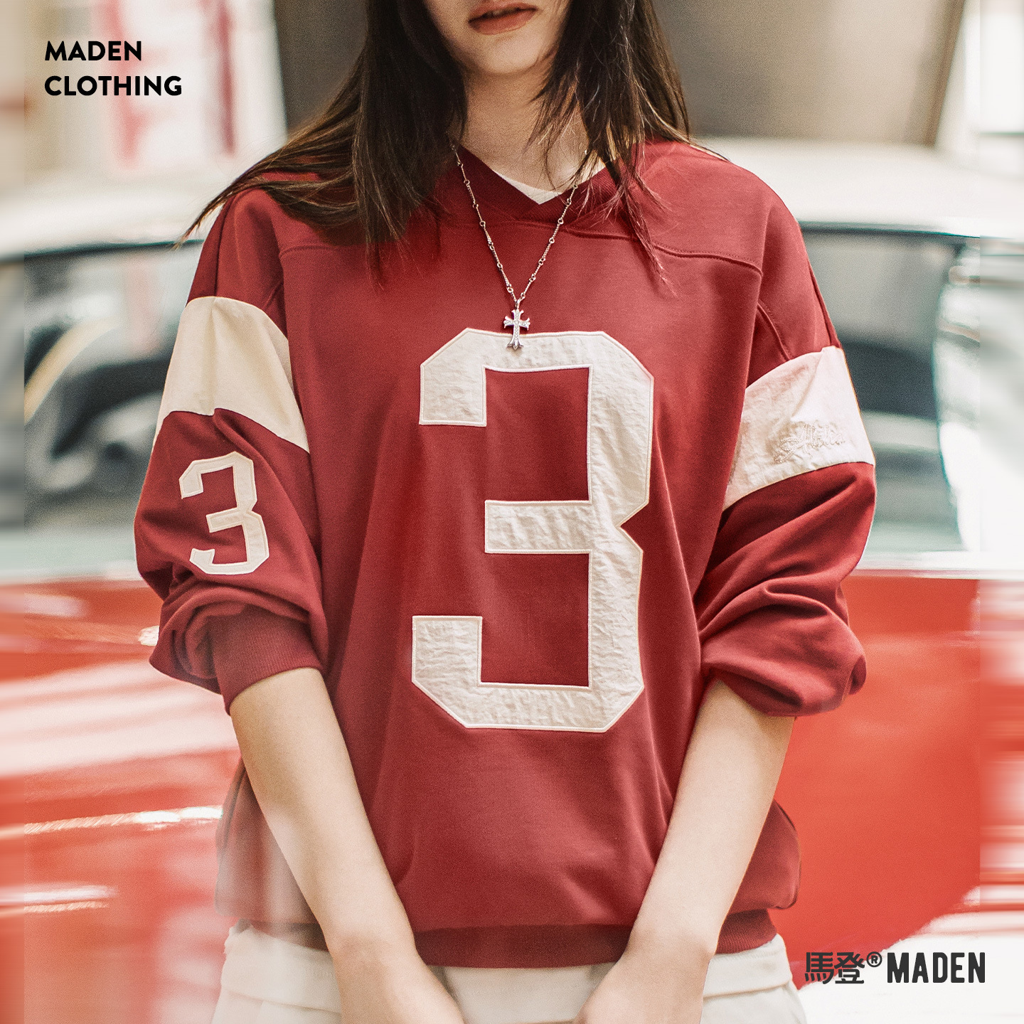 美式復古棒球V領無帽字母撞紅色拼接套頭長袖休閒衛衣女士秋