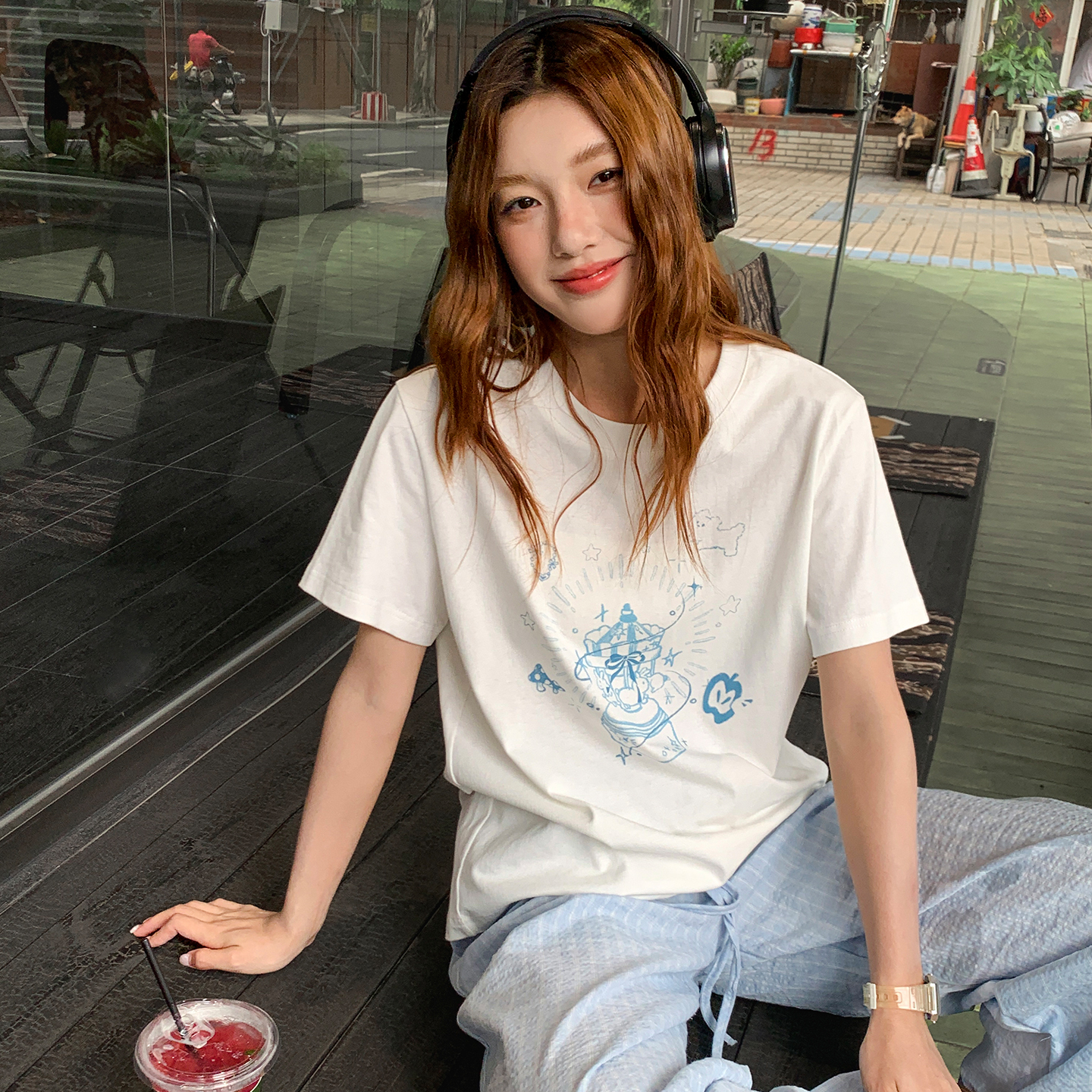 印花短袖t恤女夏新款簡約顯瘦正肩小個子寬鬆上衣