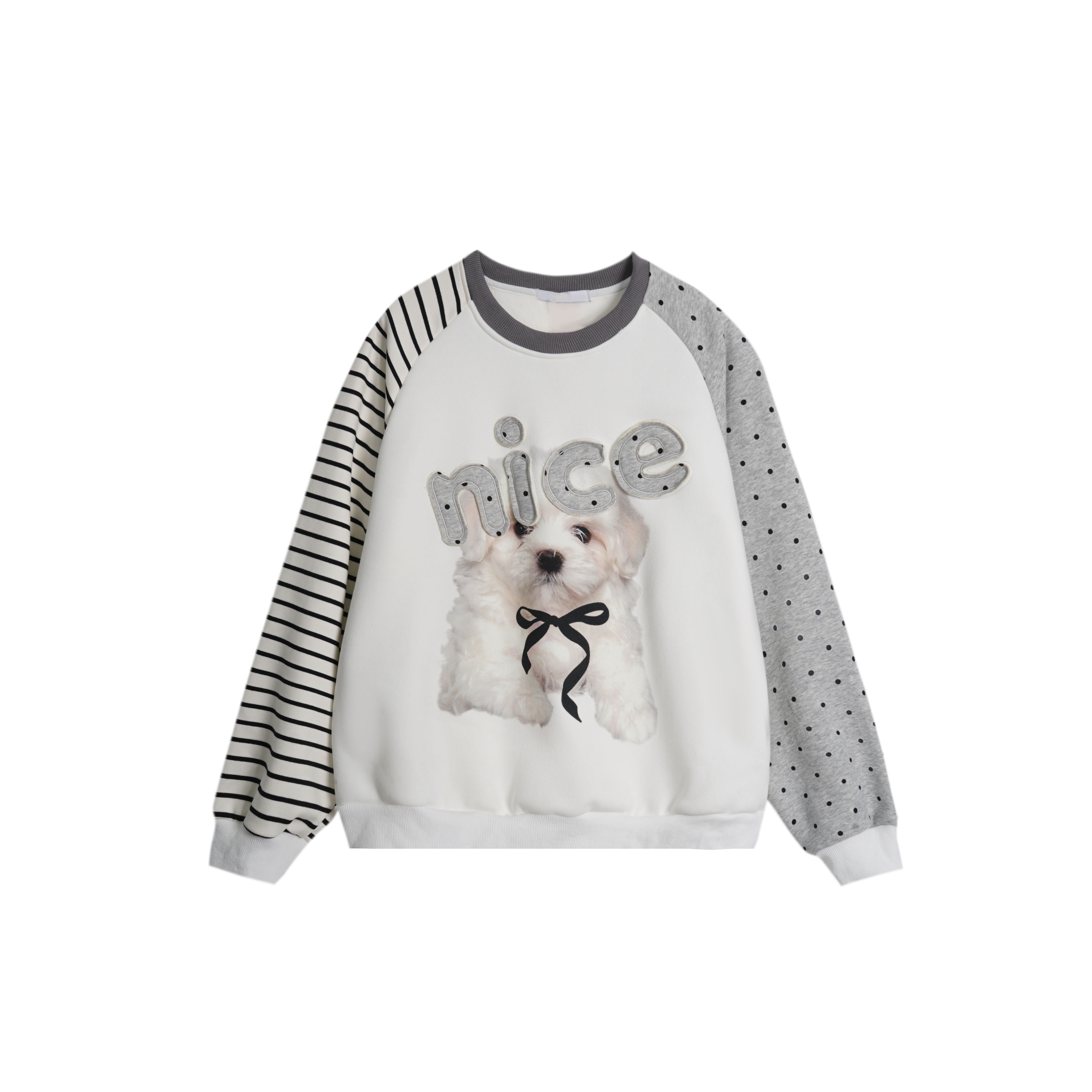 美式小狗印花拼接加絨衛衣女秋冬休閒百搭加厚圓領套頭上衣