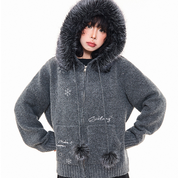 復古雪花刺繡毛領連帽針織開衫外套女冬季慵懶感寬鬆毛衣上衣