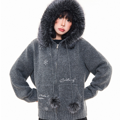 復古雪花刺繡毛領連帽針織開衫外套女冬季慵懶感寬鬆毛衣上衣