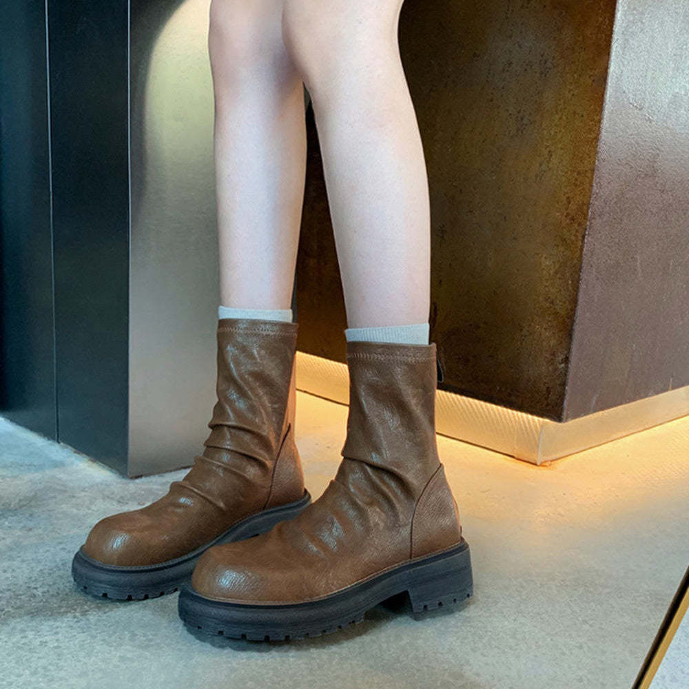 時髦粗跟厚底瘦瘦靴圓頭褶皺後拉鍊堆堆短靴女春秋