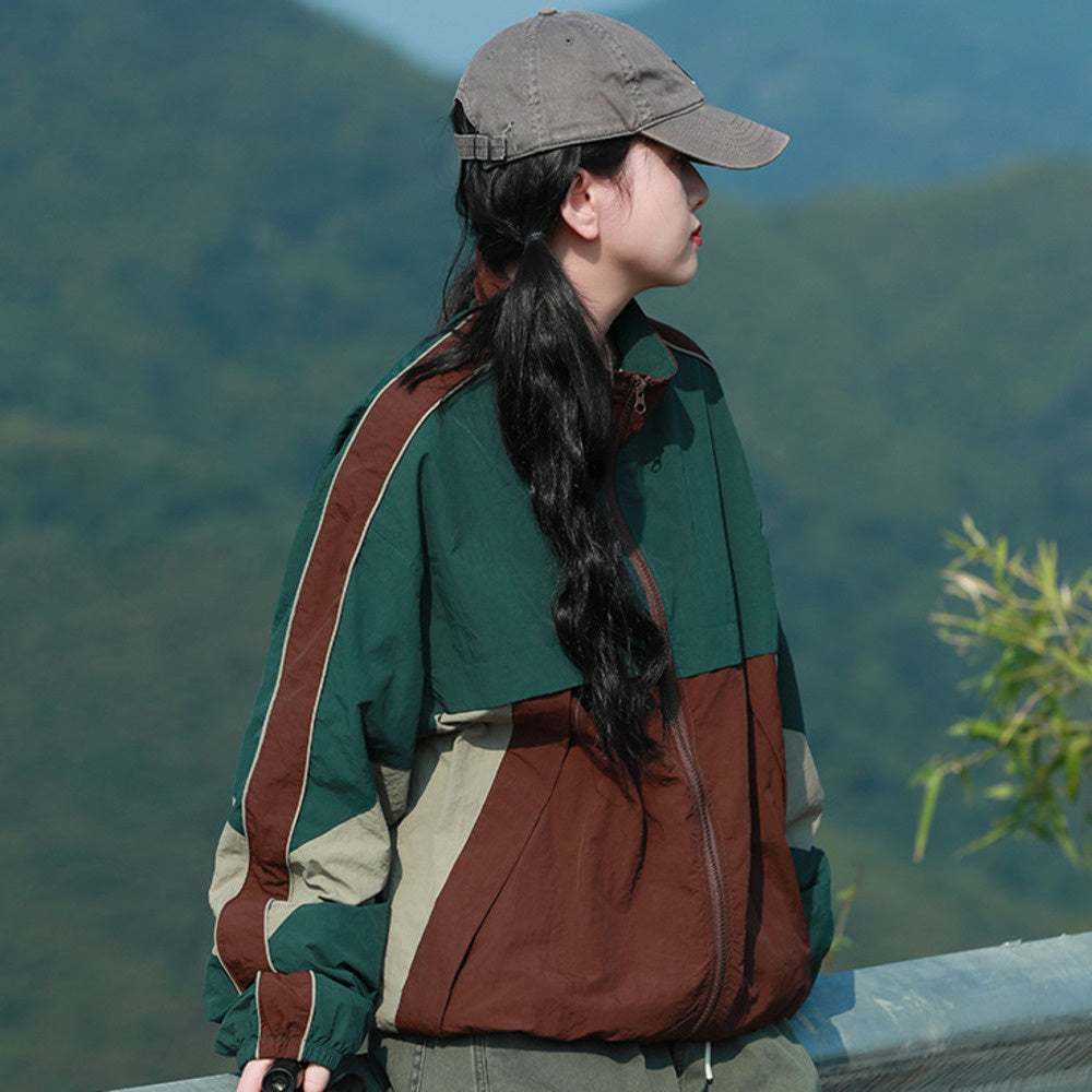 戶外防潑水工裝衝鋒衣外套女街頭潮牌拼接撞色休閒夾克秋