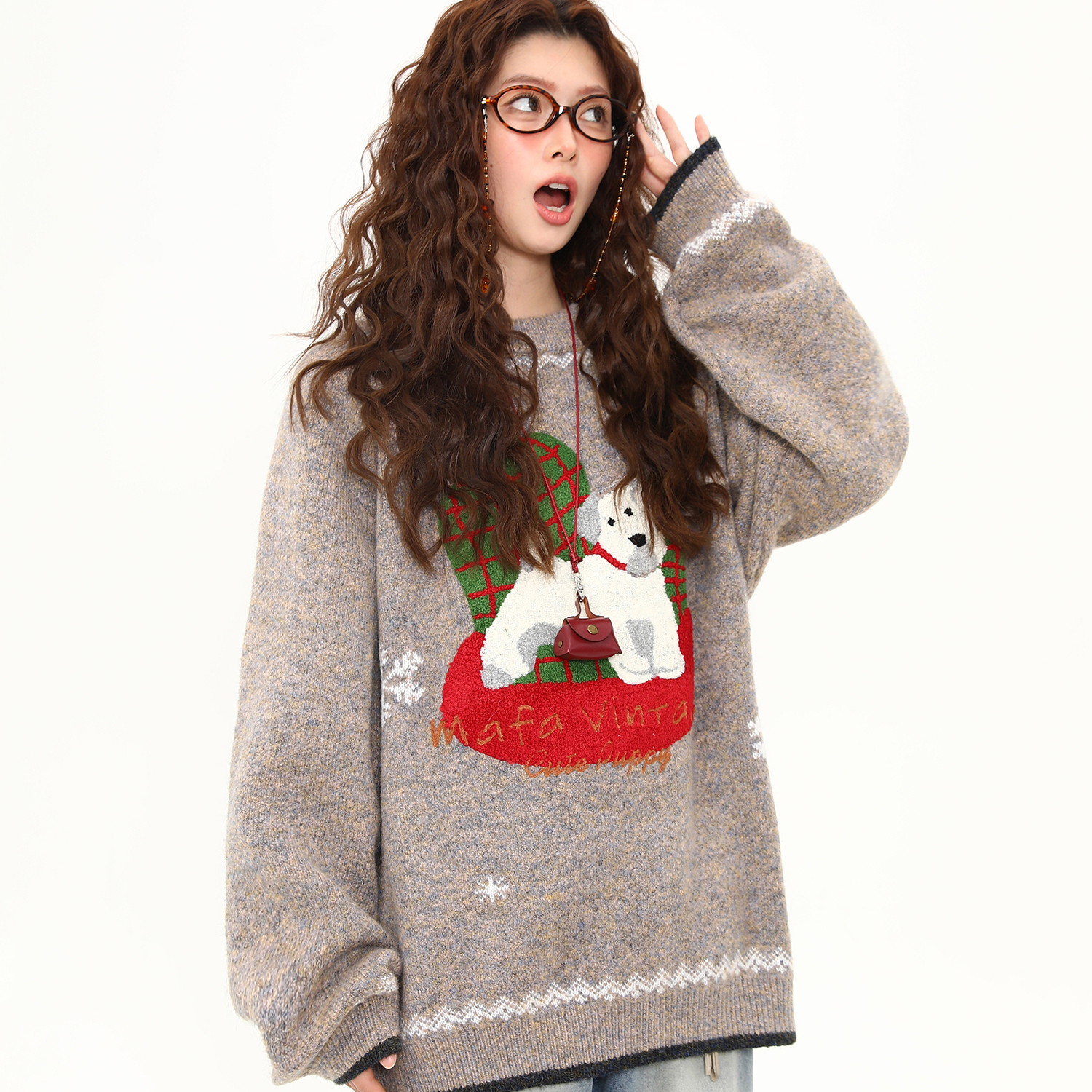 美式復古秋冬氛圍感小狗毛衣女圓領套頭慵懶風針織衫外套