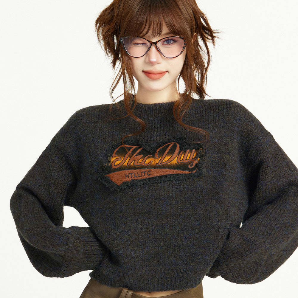 美式復古短款針織毛衣女秋冬秋季早秋設計感小眾正肩寬鬆外穿