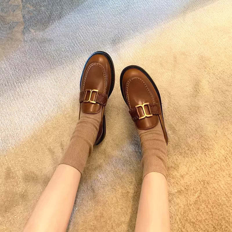 英倫復古風樂福鞋女新款平底單鞋咖色一脚蹬厚底小皮鞋