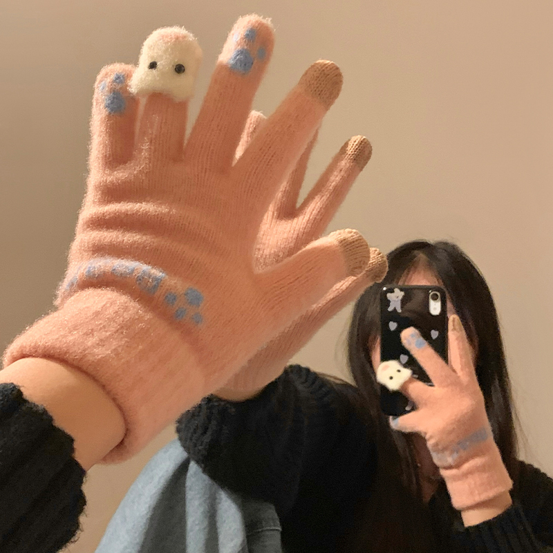 可愛毛絨針織五指手套女士冬季保暖加厚學生觸屏騎車冬天防寒防風