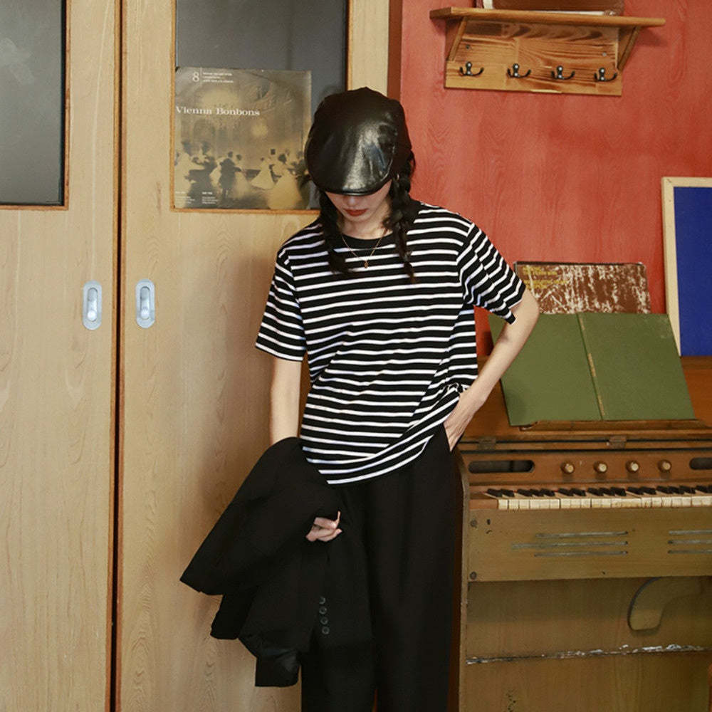 黑白經典條紋女短袖春夏寬鬆慵懶圓領純棉t恤上衣