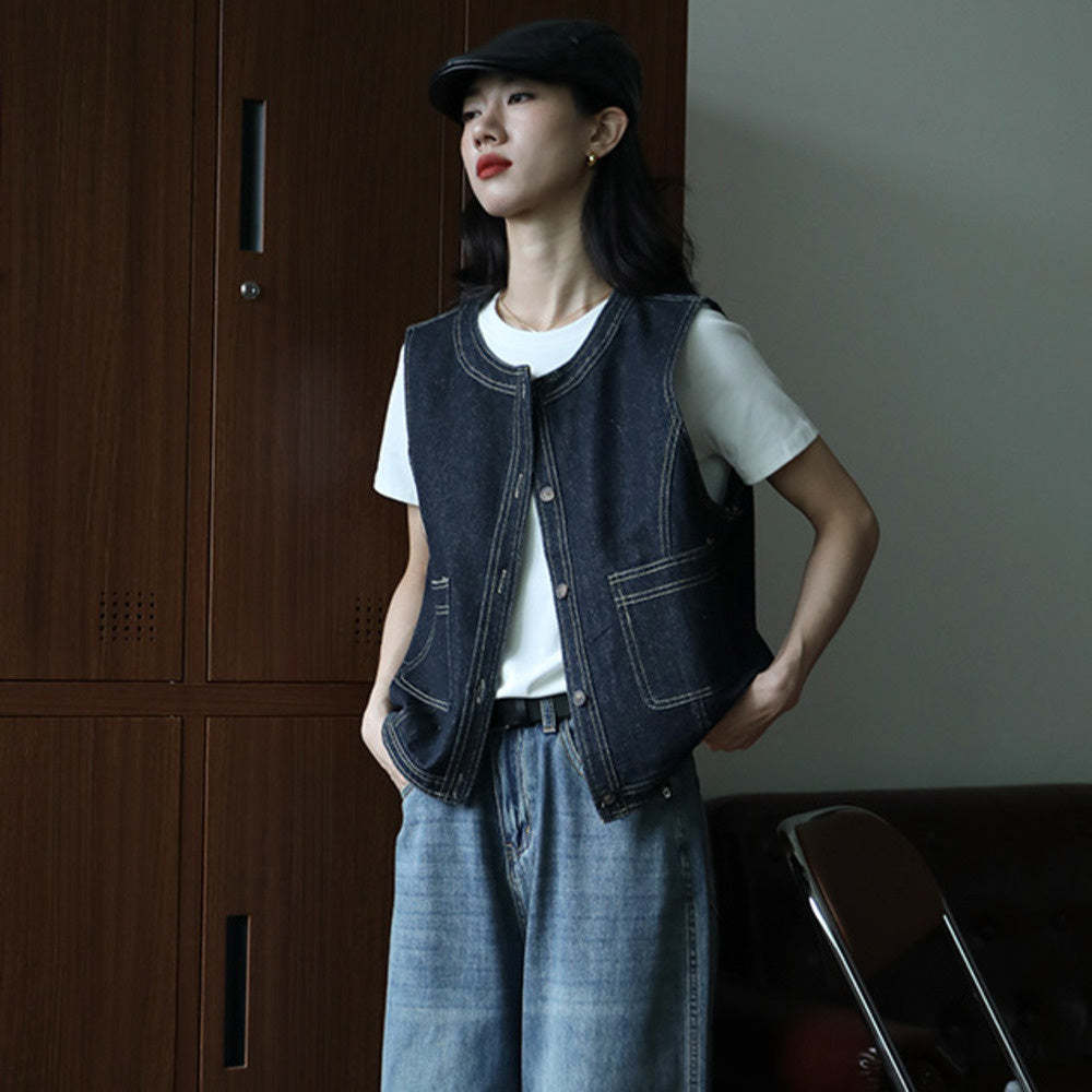 明線復古牛仔馬甲女春秋外套小個子百搭顯瘦短款寬鬆小坎肩外搭