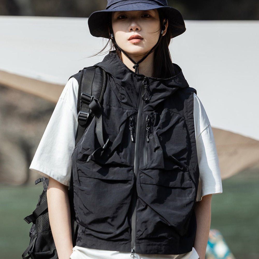 戶外機能立體口袋露營釣魚連帽馬甲女