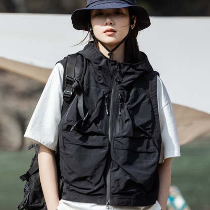 戶外機能立體口袋露營釣魚連帽馬甲女