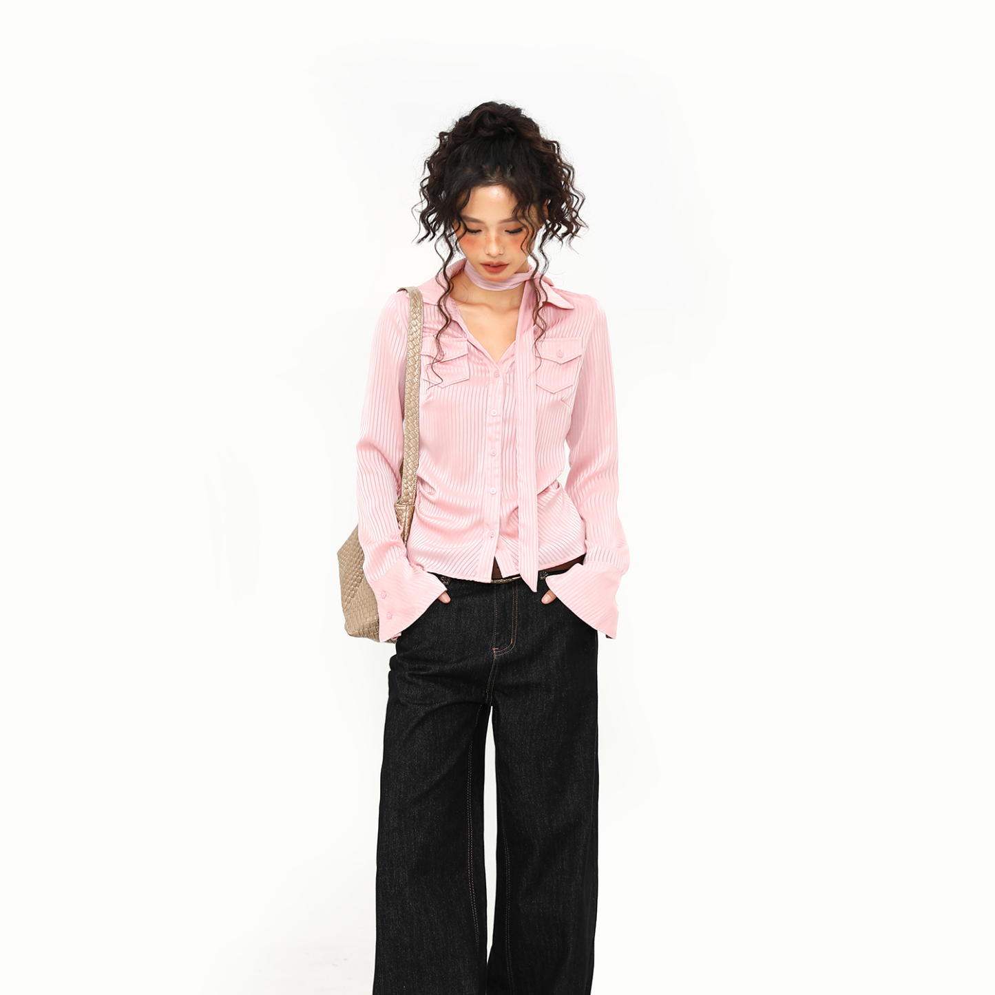 粉色綢緞條紋顯瘦掐腰長袖襯衫女辣妹甜酷飄帶設計感上衣