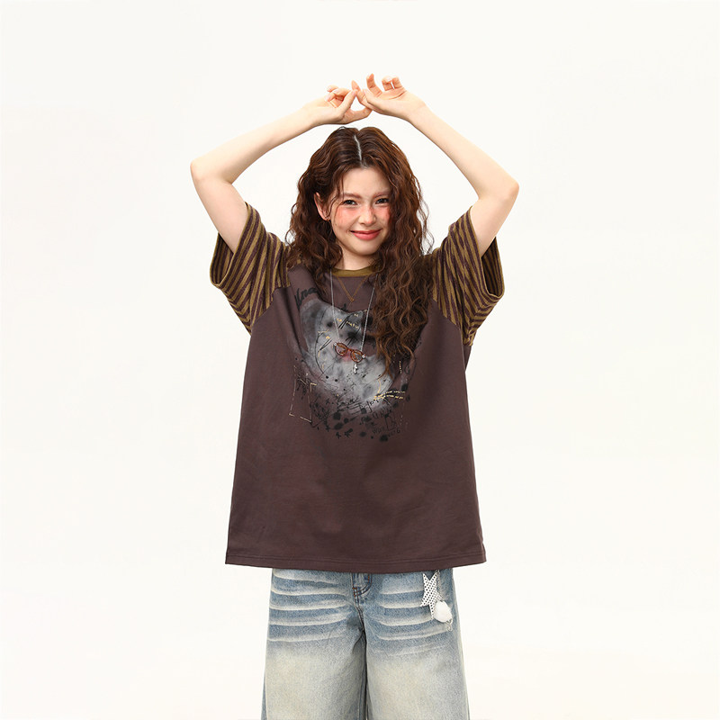 美式復古塗鴉小狗印花設計感短袖T恤女寬鬆插肩袖tee