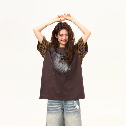 美式復古塗鴉小狗印花設計感短袖T恤女寬鬆插肩袖tee