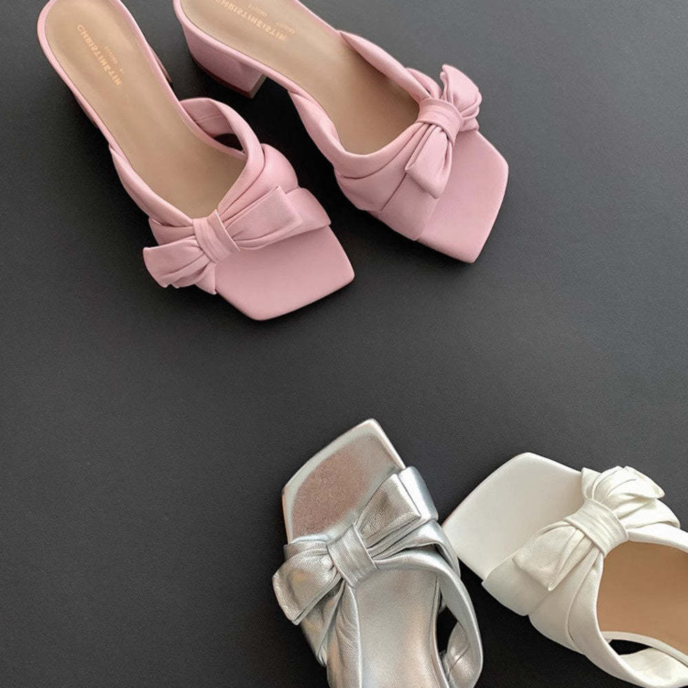 方頭蝴蝶結粗跟拖鞋女羊皮褶皺露趾穆勒一字涼拖外穿夏