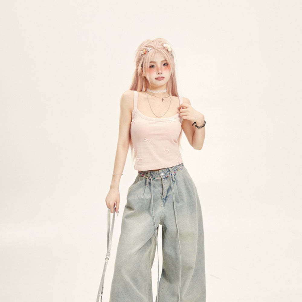 少女感粉色蝴蝶結條紋小吊帶女修身絕美背心2025新款外穿無袖上衣